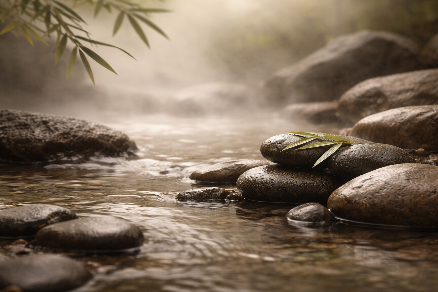 Smooth stones and flowing water in a calm tea ritual setting