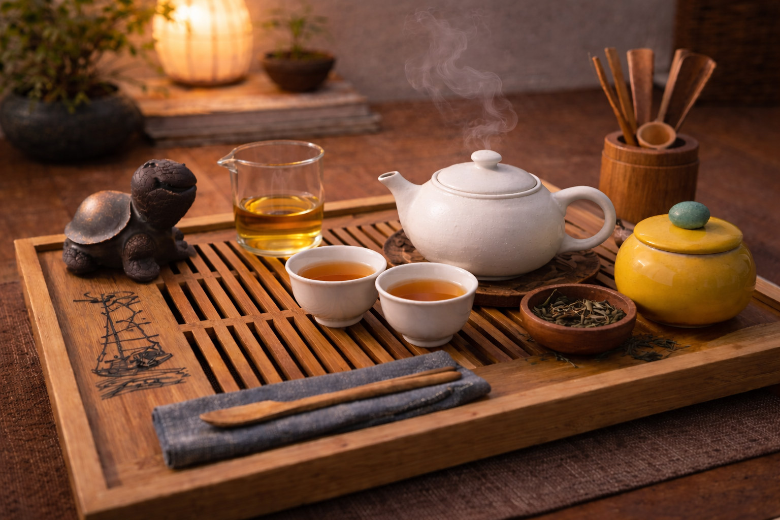 Tea pot and cups arranged in a calm ceremonial tea setting