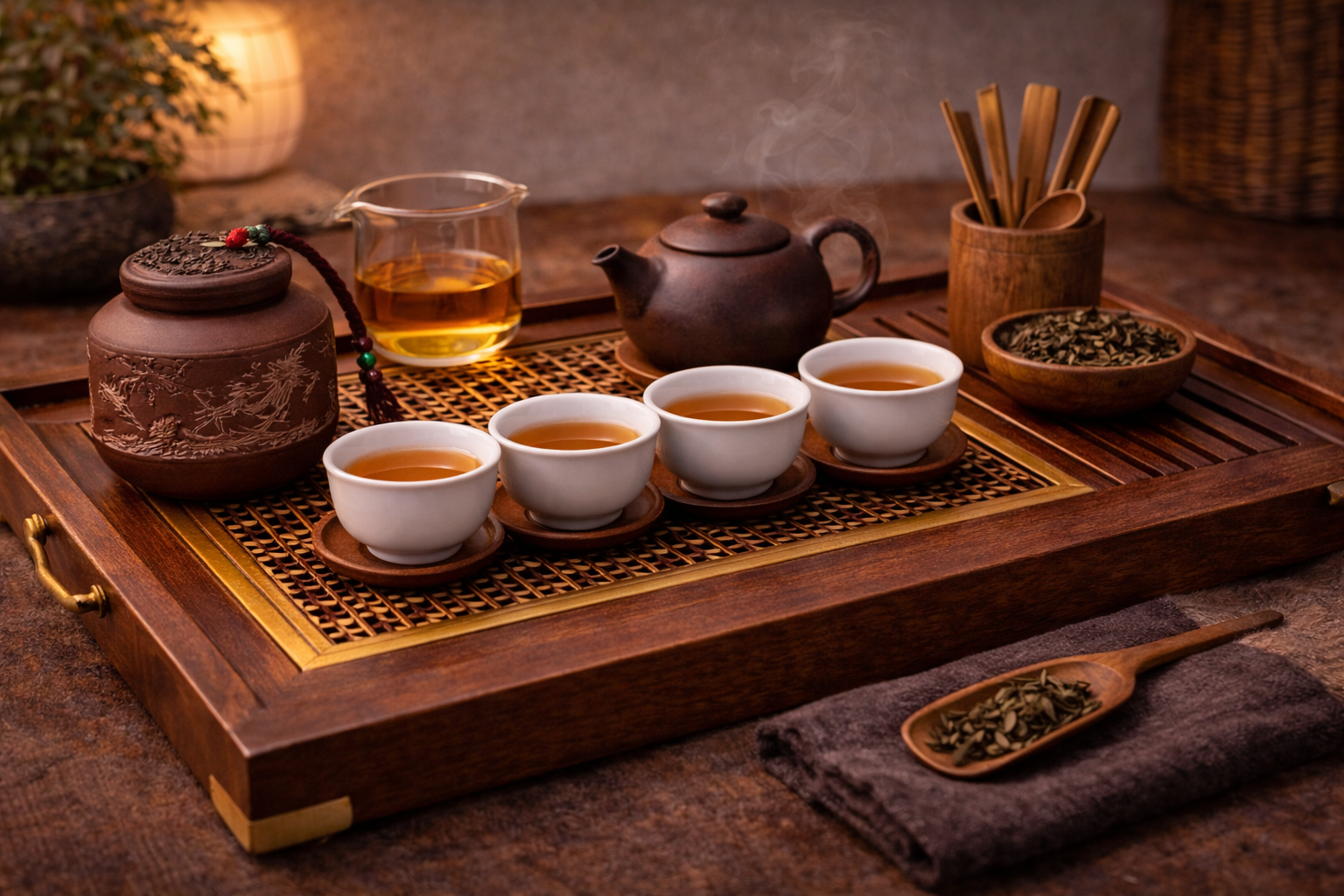 Complete tea ceremony set with tea storage and tools arranged together