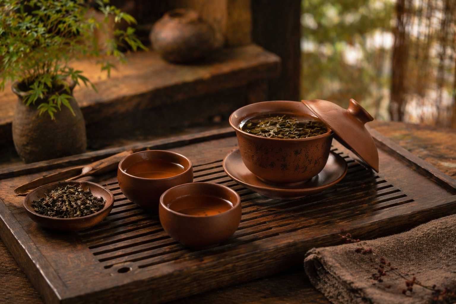 Gaiwan, cups, and tray arranged together as a complete ceremonial tea set