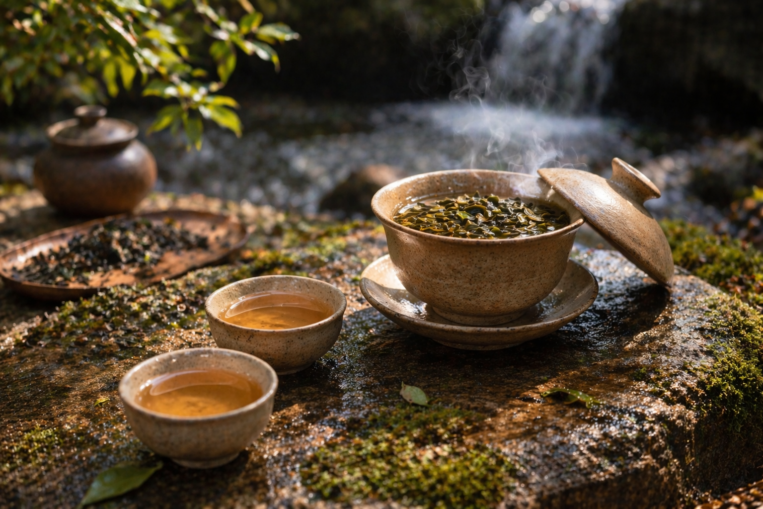 Refined tea ceremony arrangement featuring a gaiwan on a wooden tray