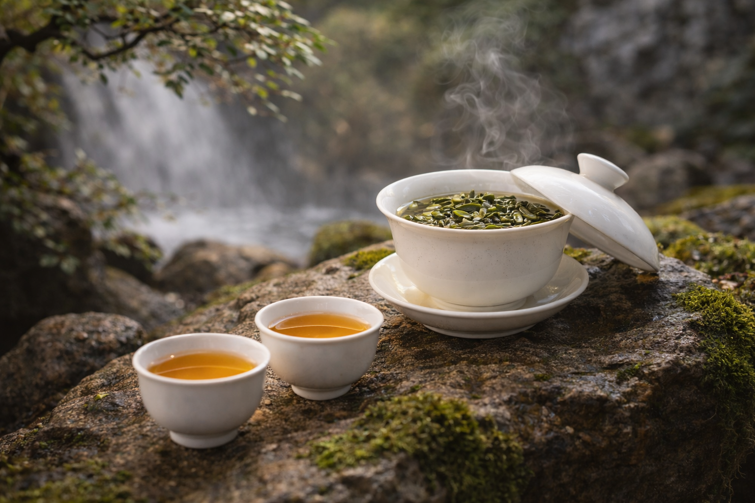 Gaiwan and tea cups arranged in a refined ceremonial tea setting