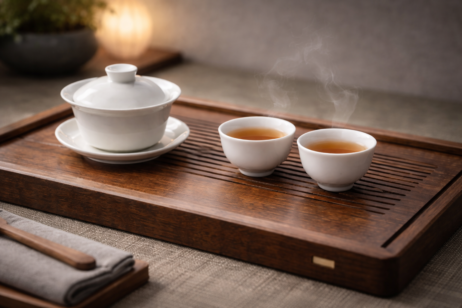Minimal gongfu tea setup with gaiwan and porcelain cups on a wooden tea tray