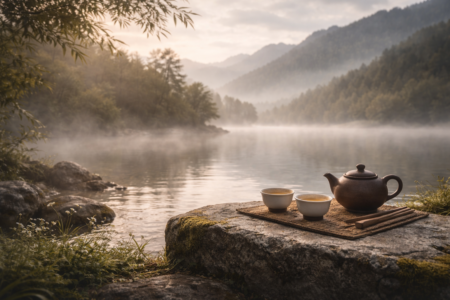 A teapot and tea cups arranged beside a misty mountain lake at sunrise
