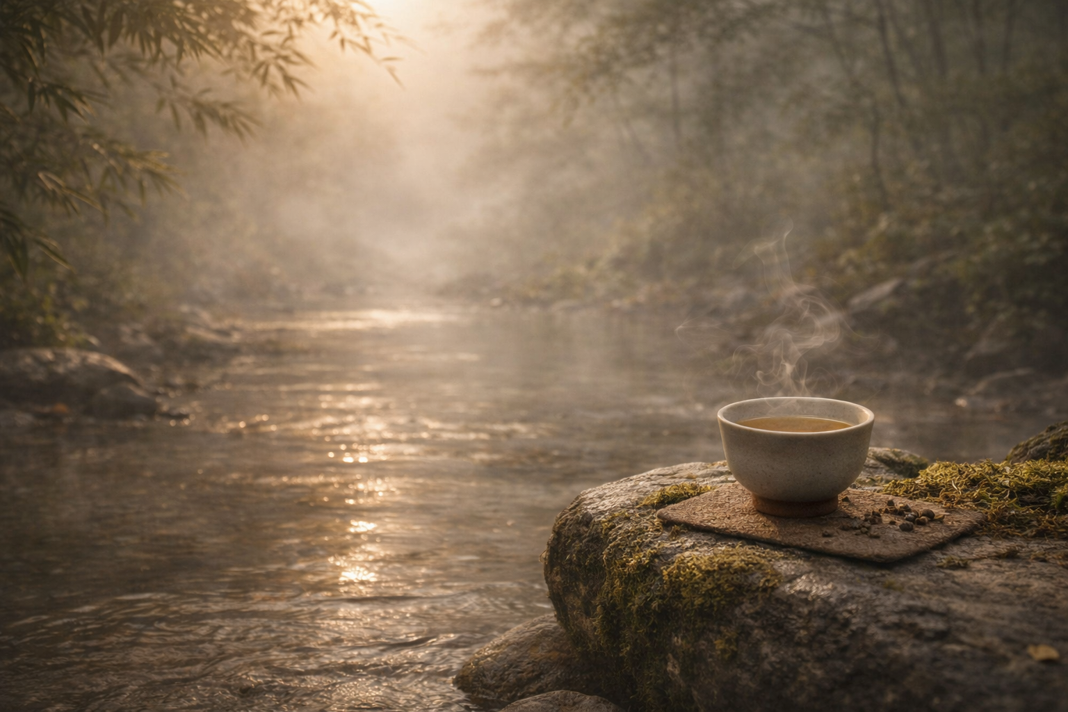 A steaming tea cup beside a misty forest stream in soft morning light