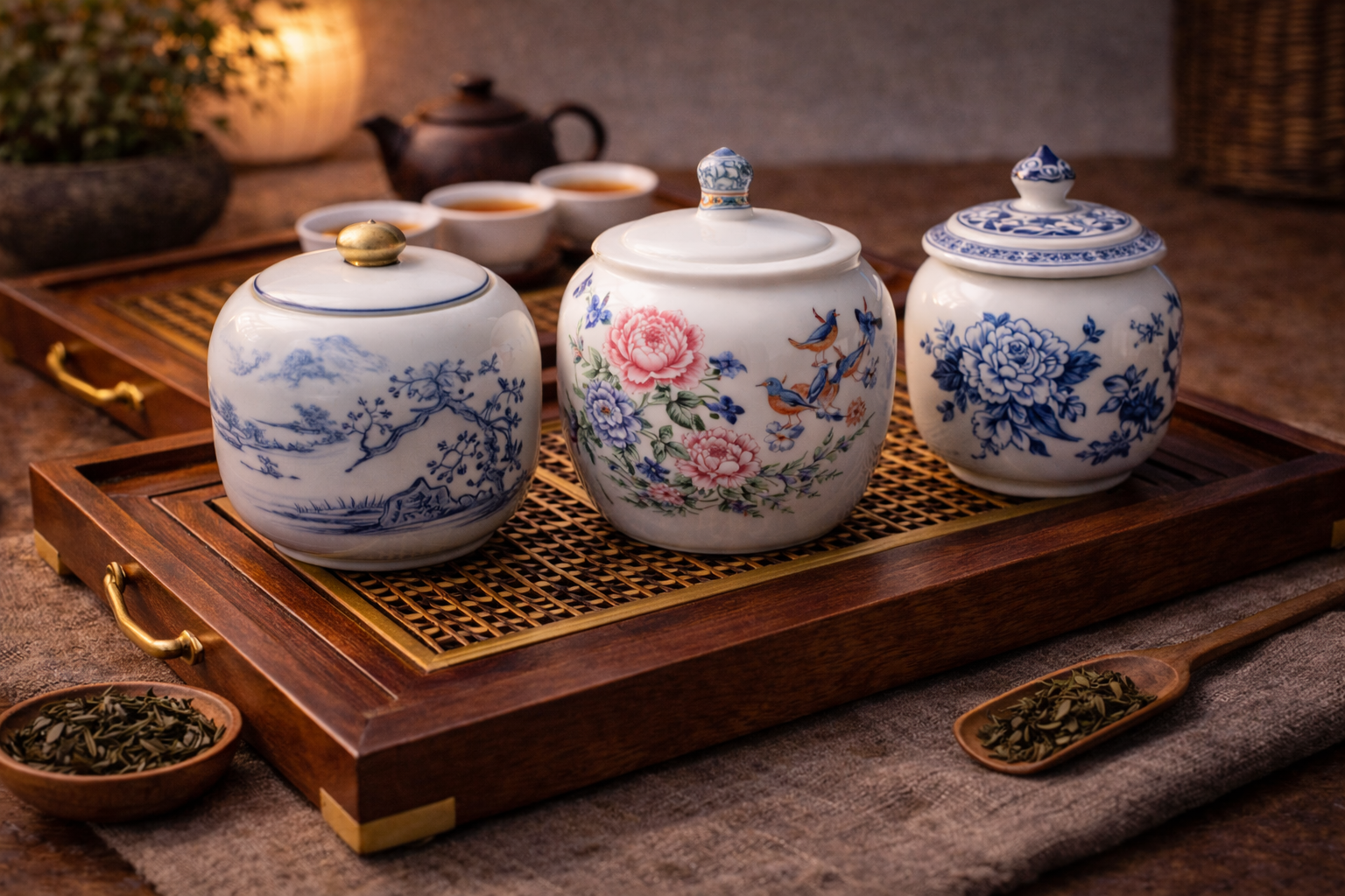 Tea ceremony setup with storage containers and tea tools