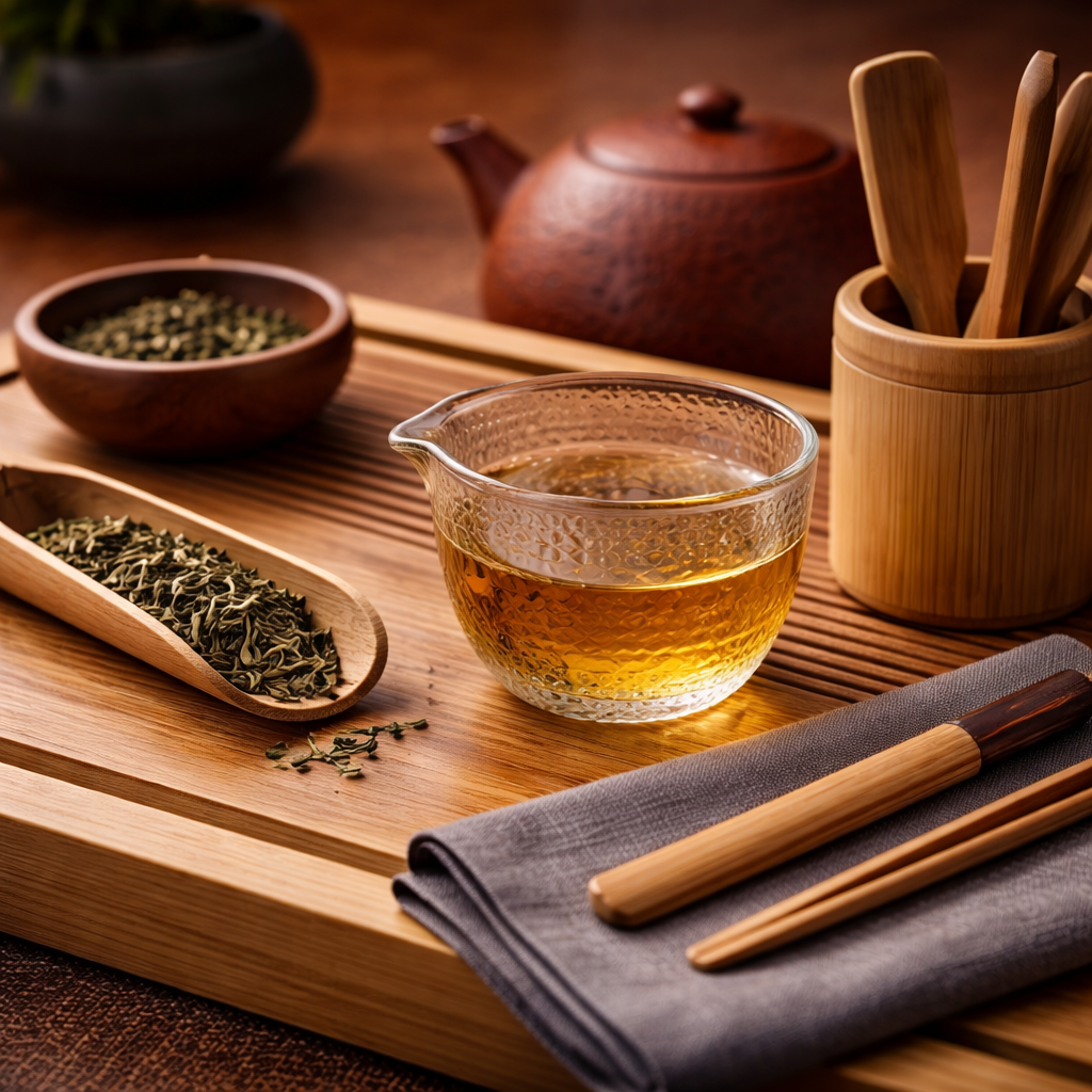 Tea set arranged with soft steam and natural textures in an atmospheric setting