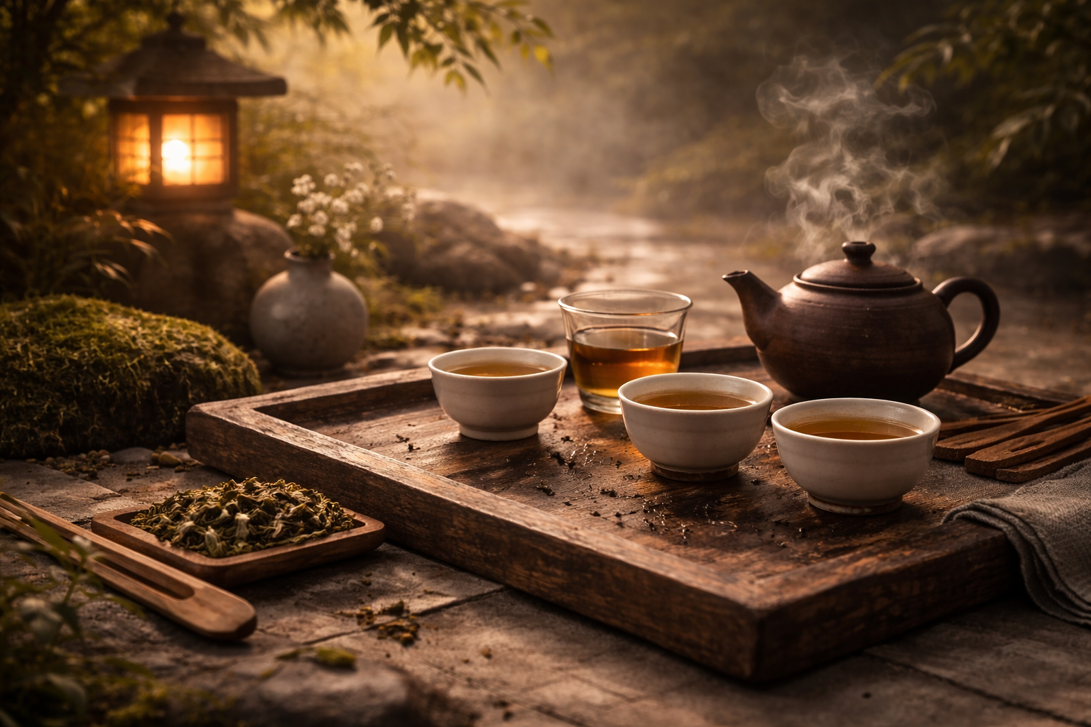Atmospheric tea setting with warm light, steam, and natural surroundings