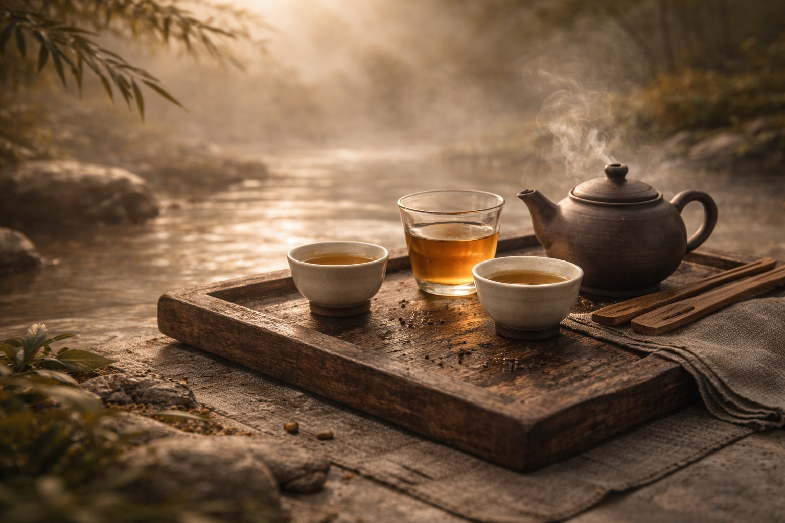 A refined tea ceremony set arranged in warm natural light
