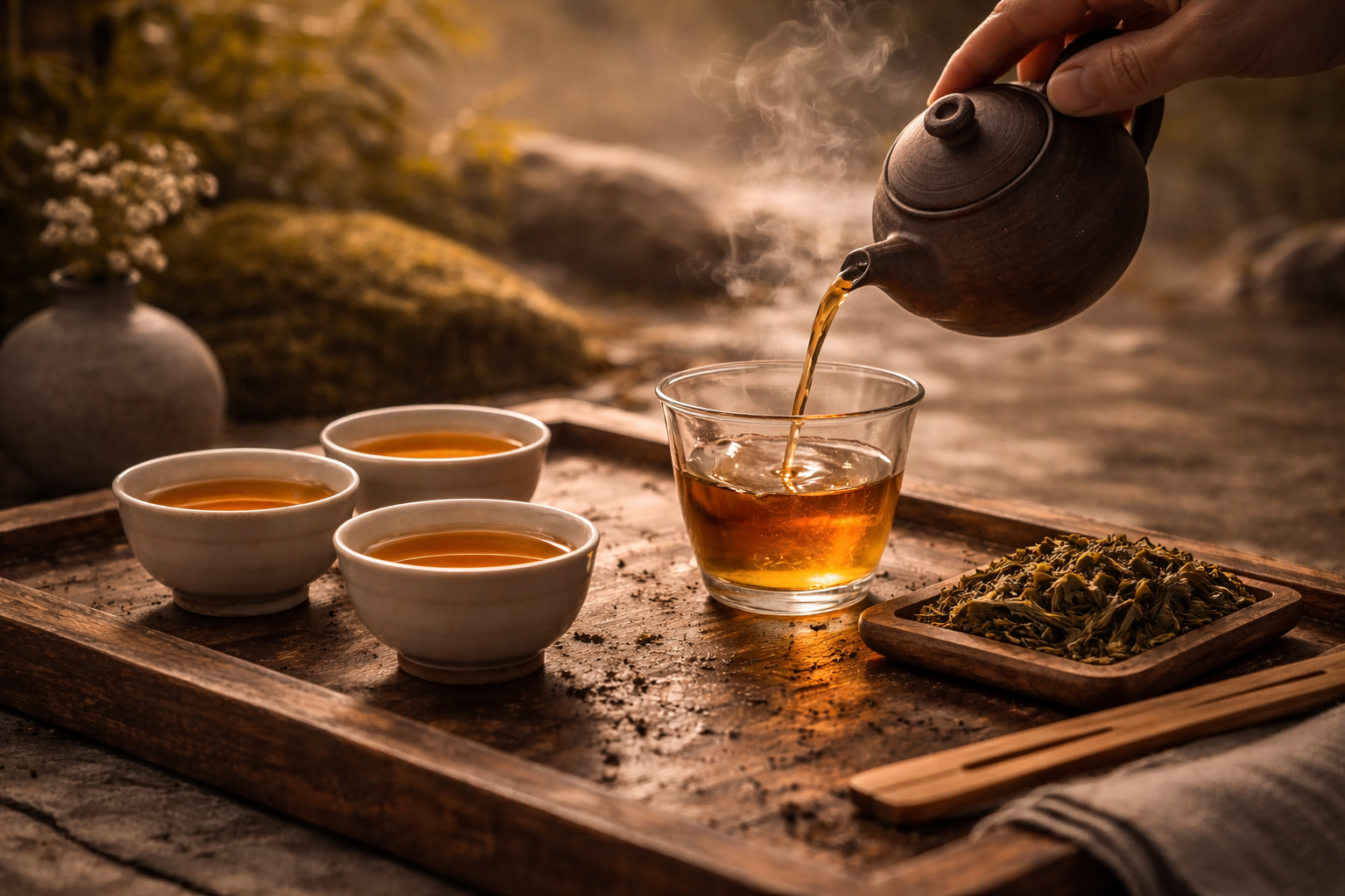 Tea being poured in a refined ceremonial setting with steam and warm light