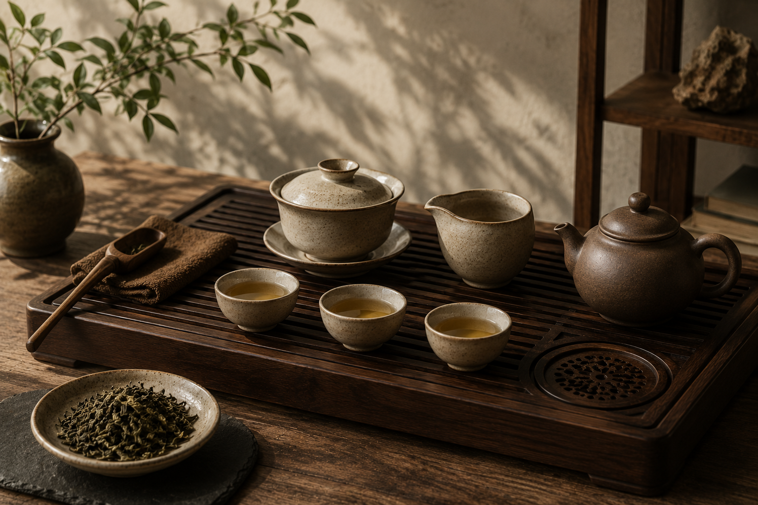 Serene tea ceremony on a wooden tray