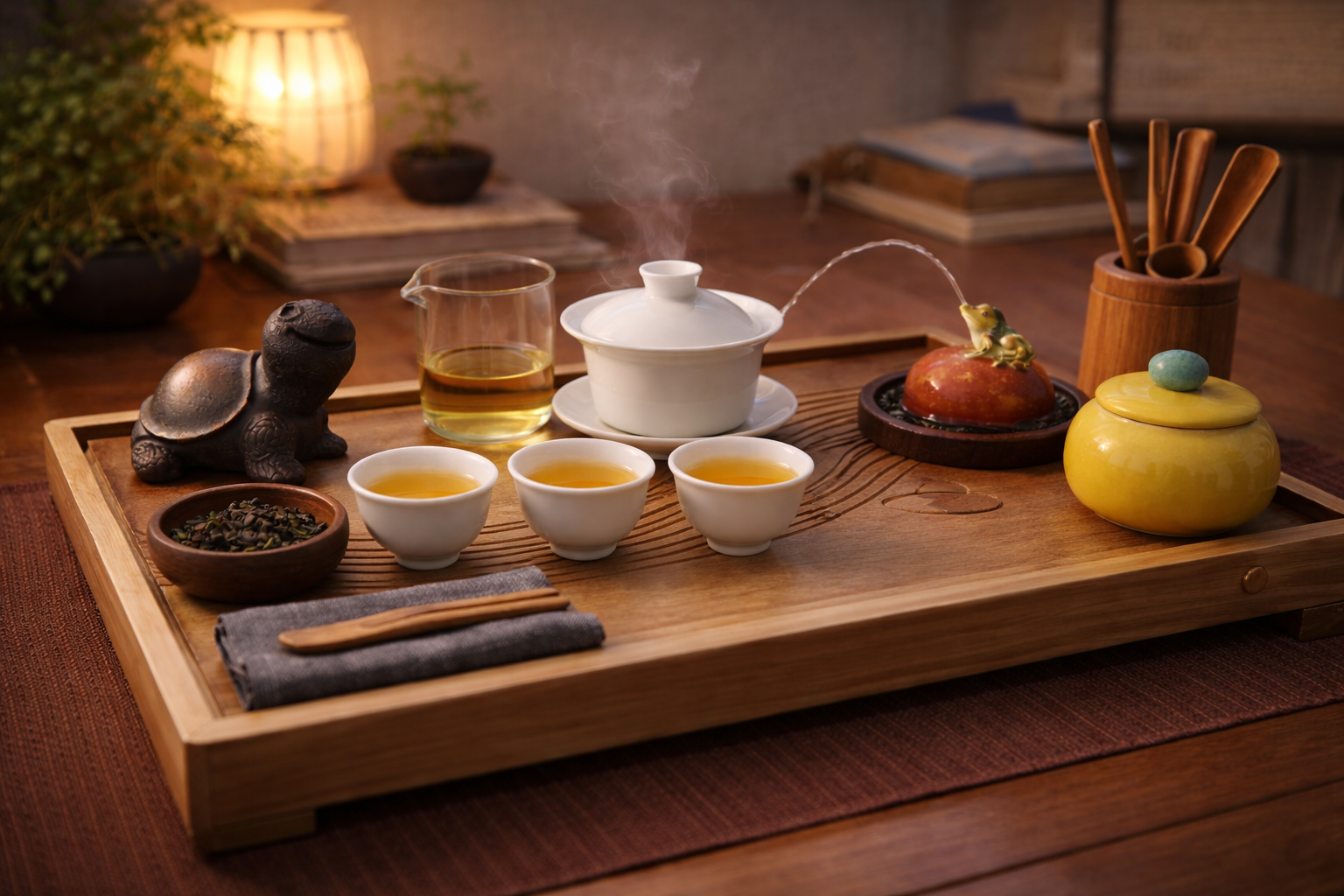 Atmospheric tea setting with warm light, steam, and ceremonial tools
