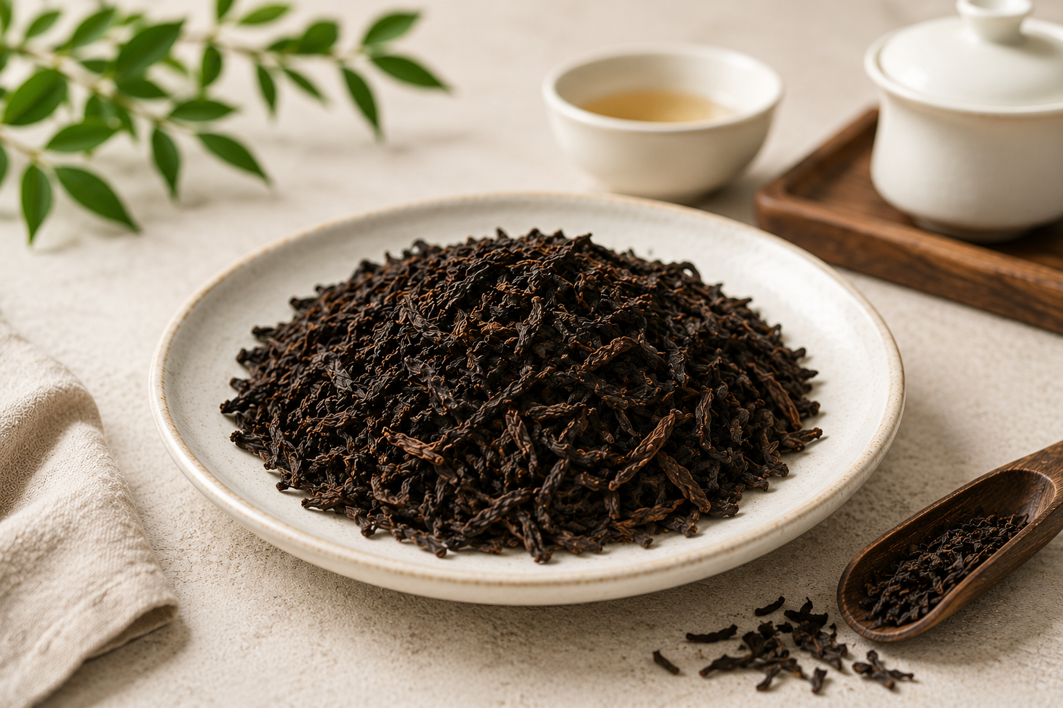 Shu Pu-erh tea leaves prepared for a grounded gongfu tea ceremony