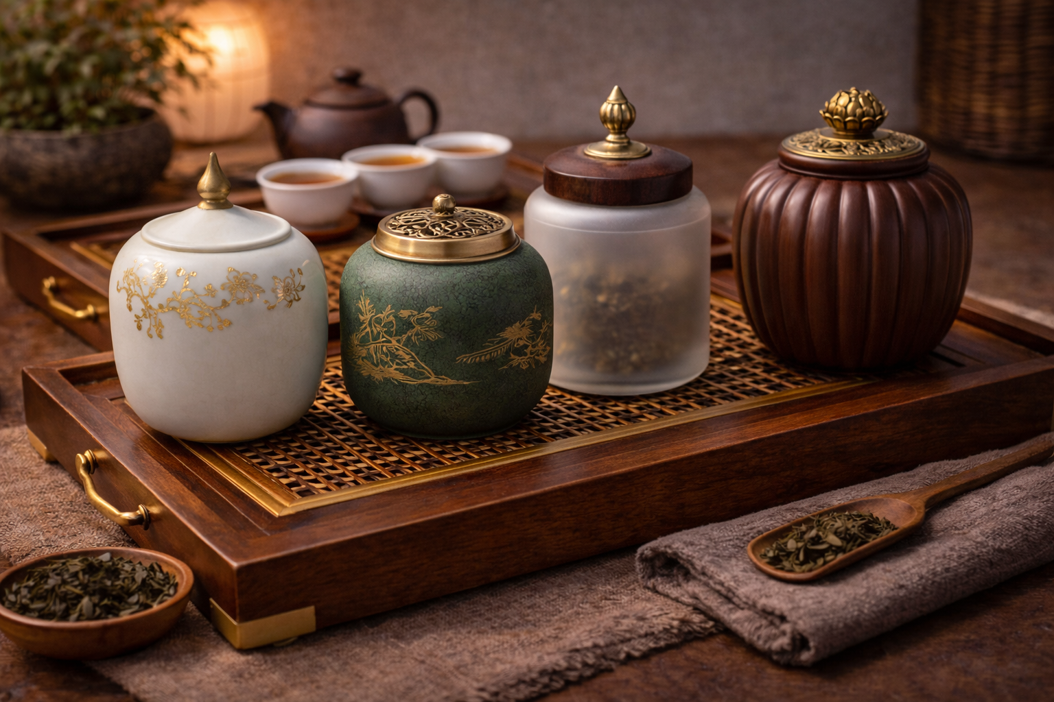 Tea storage jars and containers arranged in a calm ceremonial setting