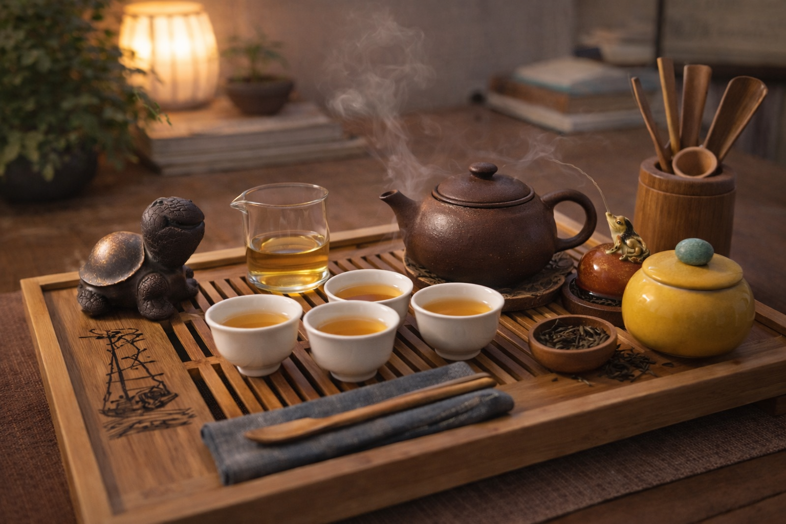 Refined ceremony teapot on a wooden tray