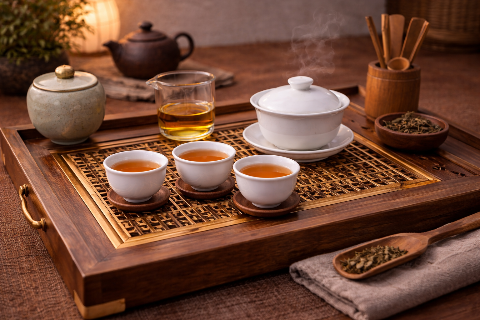 Teacups, brewing vessel, and tray arranged together as a complete ceremonial tea set