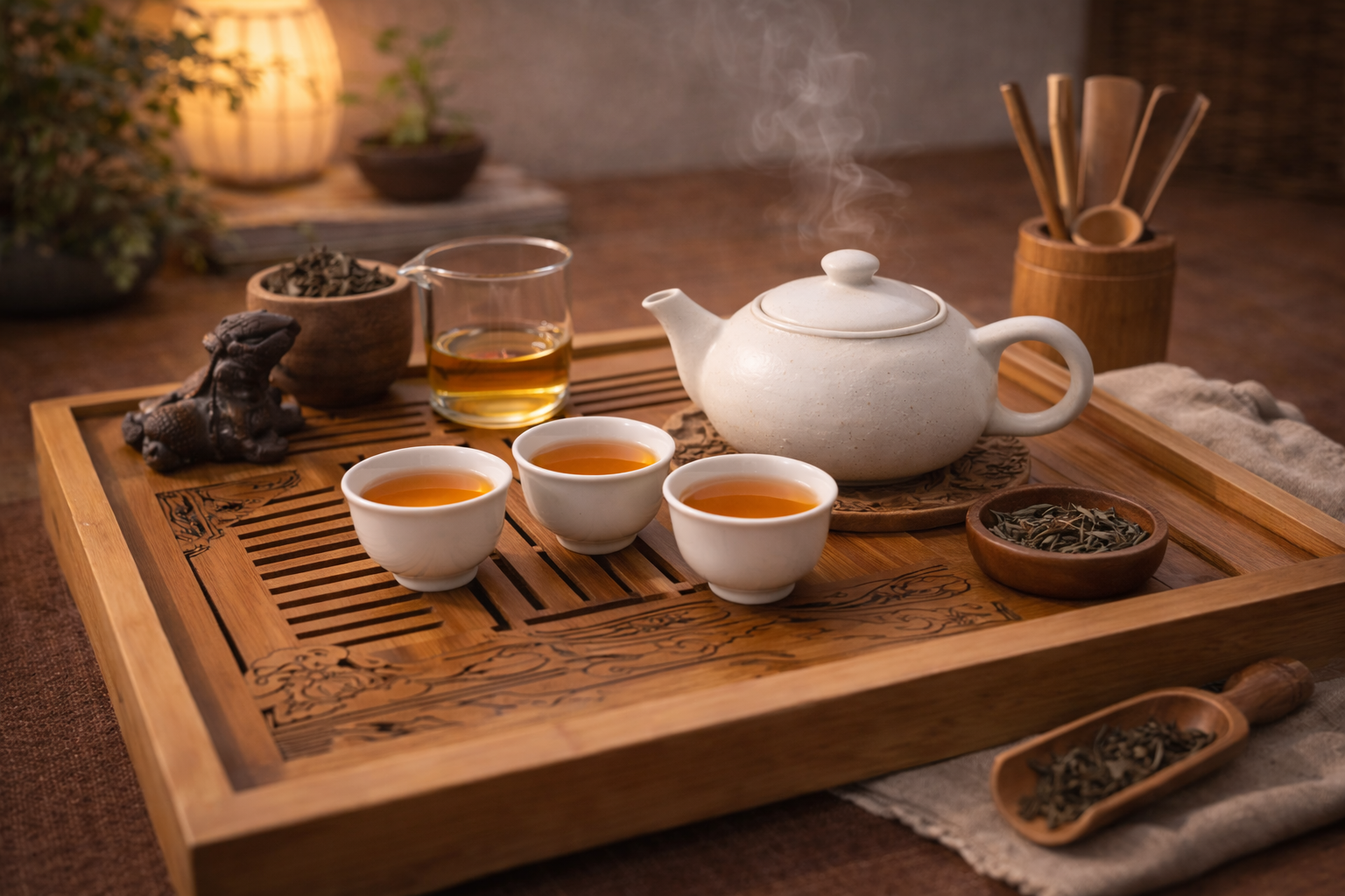 Tea pot, cups, and tray arranged together as a complete ceremonial tea set