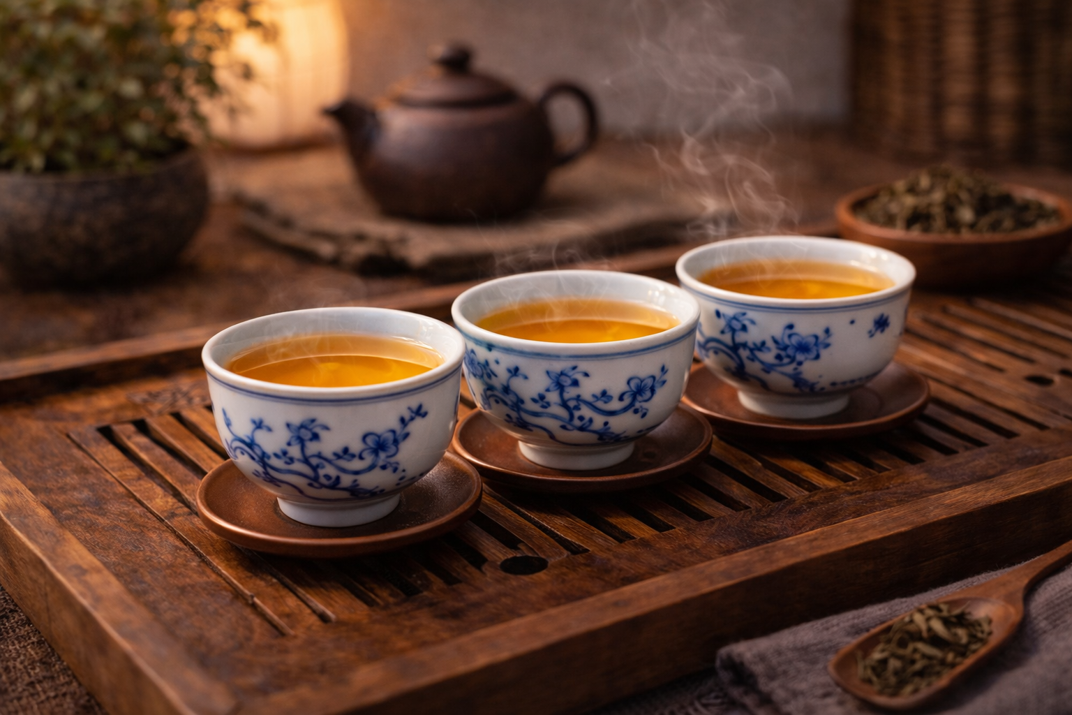 Refined tea ceremony arrangement featuring teacups on a wooden tray
