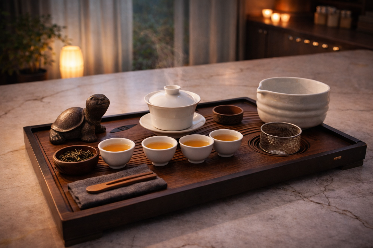 Tea being poured from a teapot into a fairness cup during a tea ritual