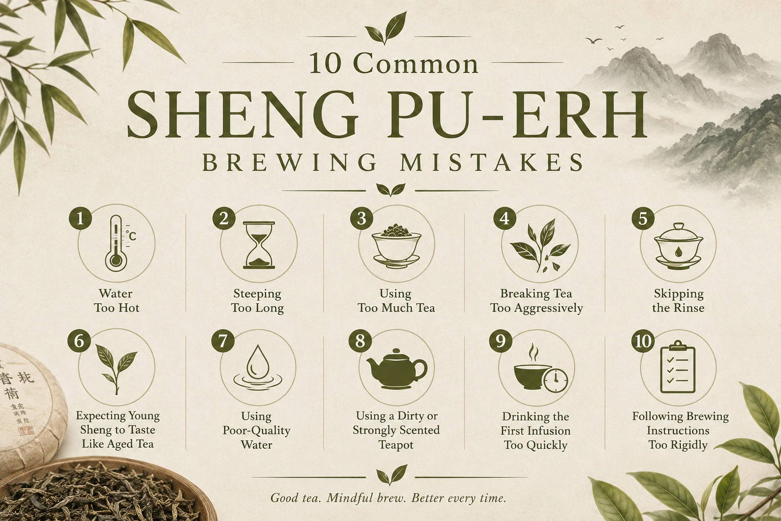 10 Common Sheng Pu-erh Brewing Mistakes.png Traditional Gongfu-style Sheng Pu-erh tea brewing setup with mistakes to avoid