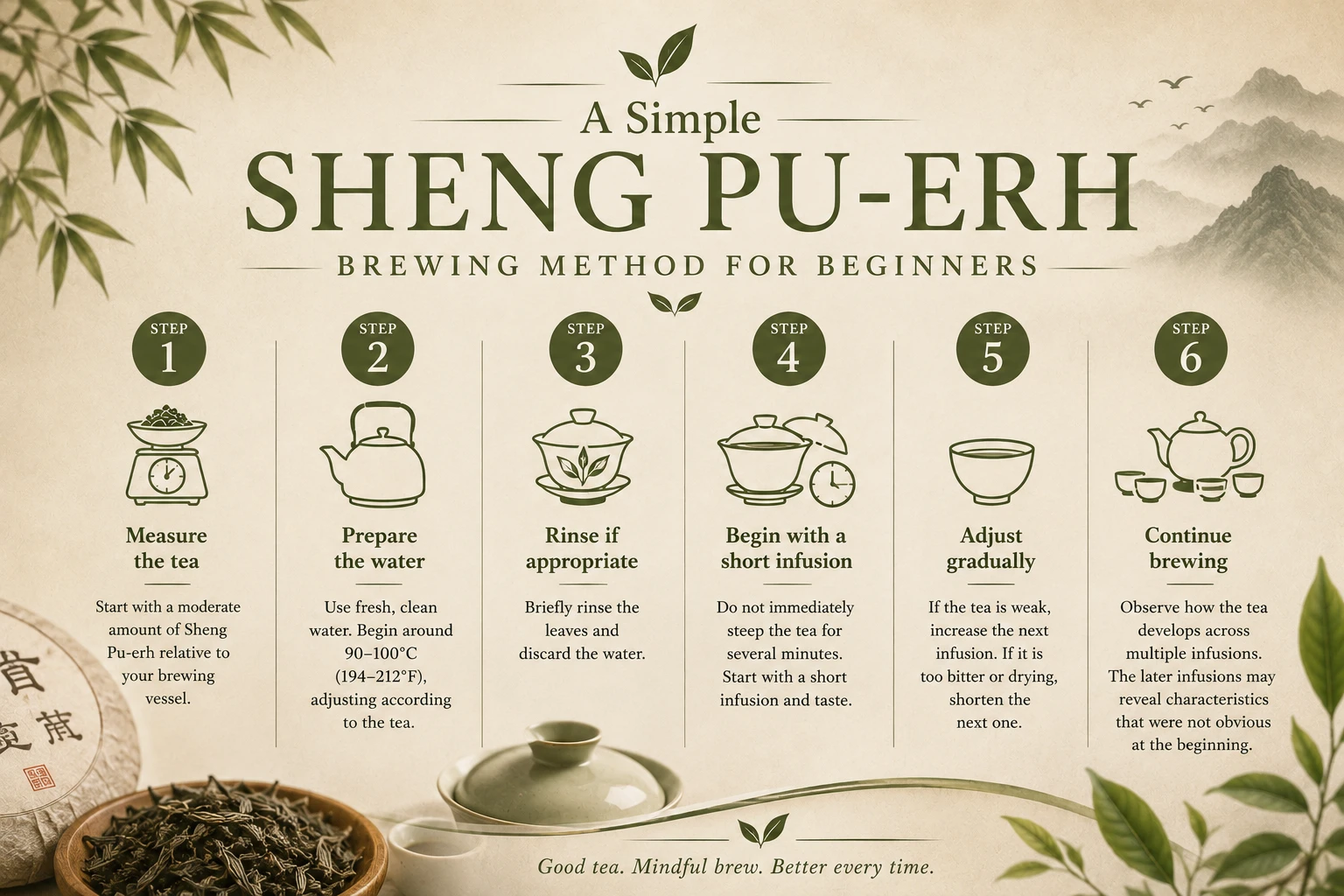 A Simple Sheng Pu-erh Brewing Method for Beginners.png Sheng Pu-erh brewed in a traditional gaiwan for tea evaluation