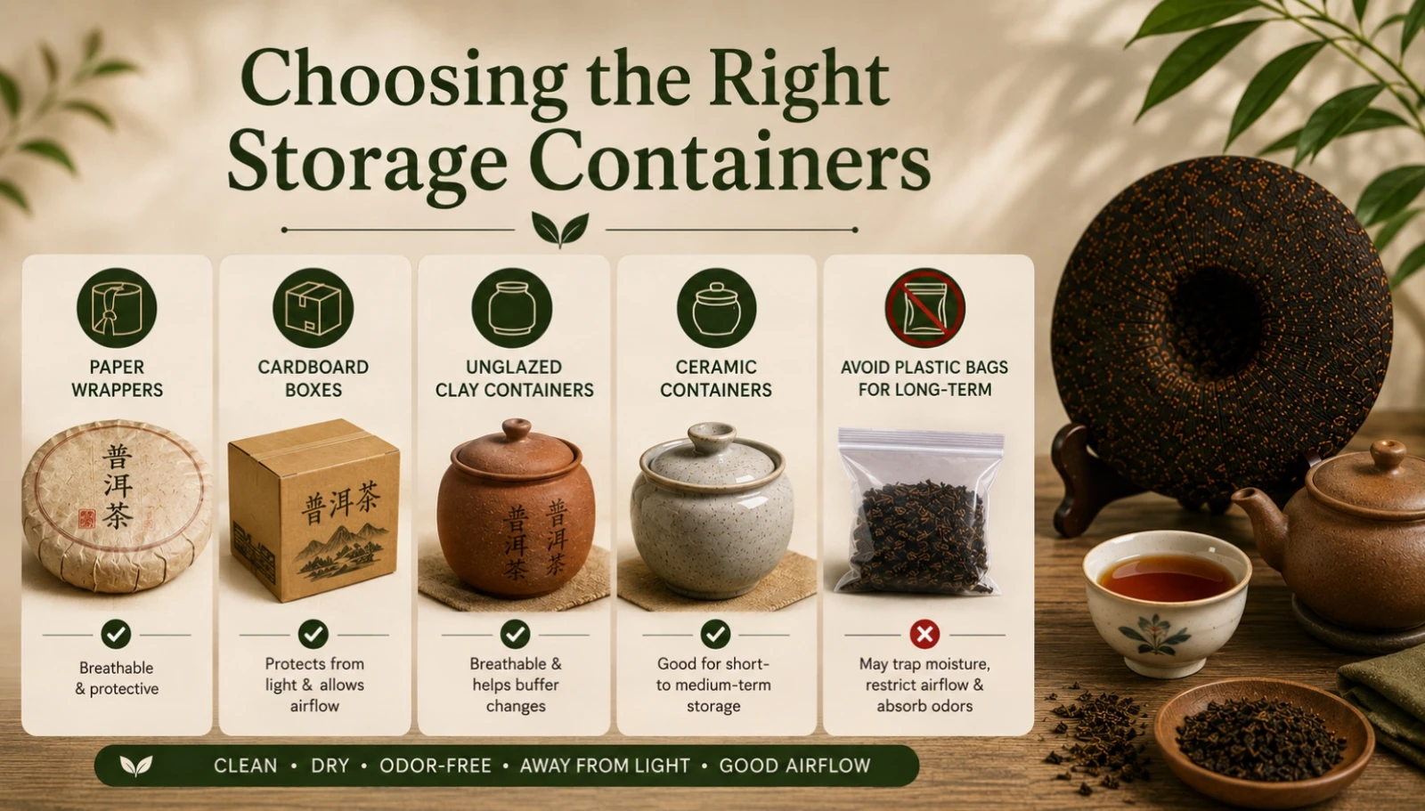 Choose the Right Storage Containers.jpg Shu Pu-erh tea storage guide featuring aged Pu-erh tea cake, Chinese teaware, and proper tea storage vessels in a warm natural setting, showing right containers for the storage.