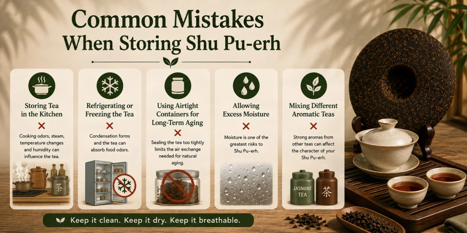 Common Mistakes - Shu Pu-erh Tea Storage Guide for Beginners.jpg Landscape infographic hero image showing how to store Shu Pu-erh tea properly with a Pu-erh cake, loose tea leaves, porcelain gaiwan, and traditional storage containers.