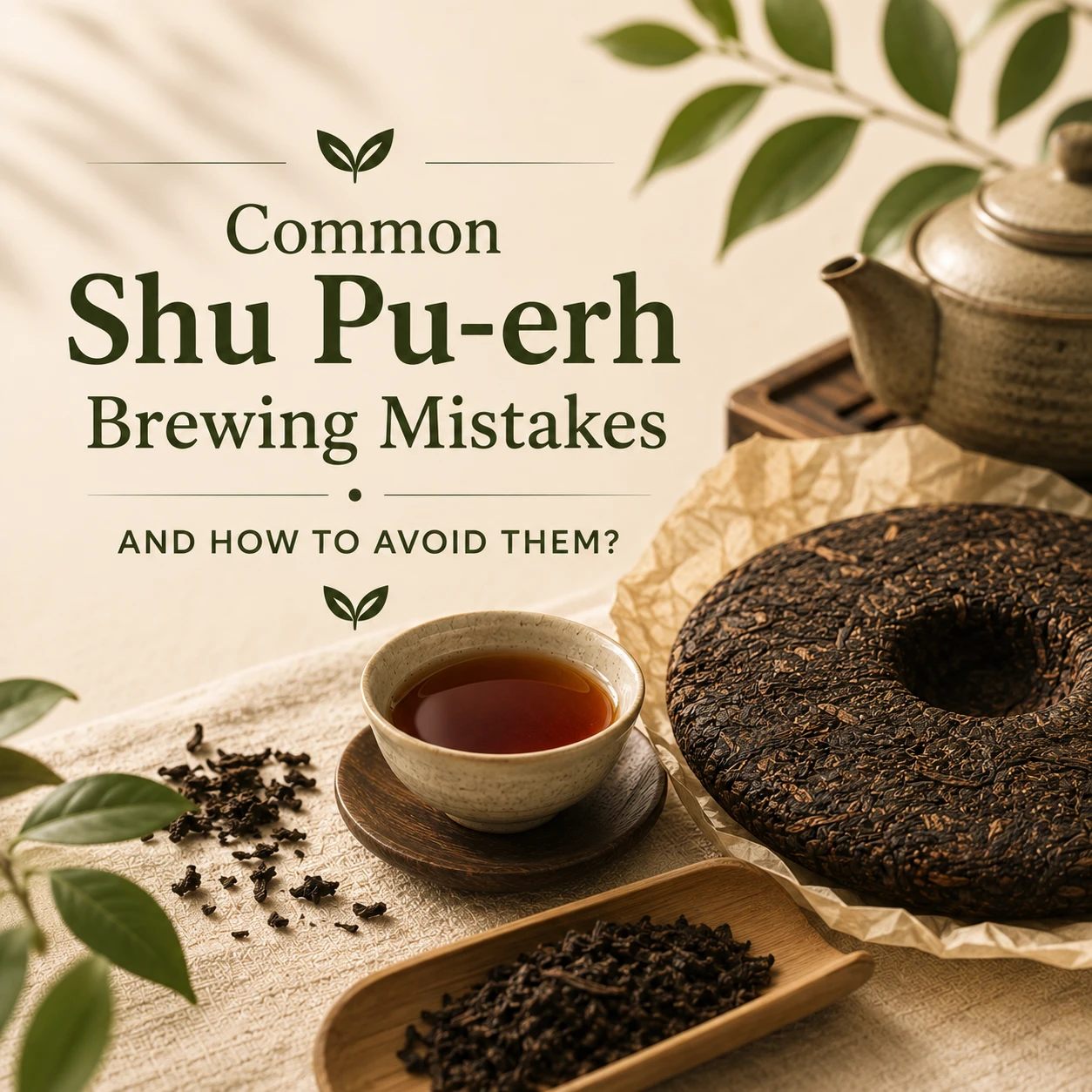 Common Shu Pu-erh brewing mistakes guide showing traditional Chinese teaware, Pu-erh tea cake, and proper tea brewing techniques