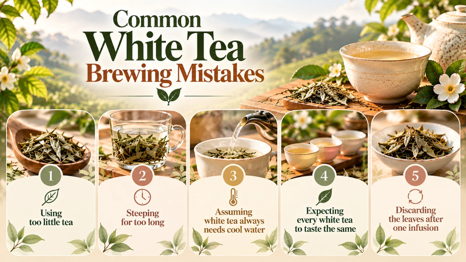 common-white-tea-brewing-mistakes.png Educational infographic titled “Common White Tea Brewing Mistakes,” featuring five common mistakes: using too little tea, steeping too long, assuming white tea always needs cool water, expecting all white teas to taste the same, and discarding leaves after one infusion. Designed with soft olive green, beige, and earthy tones, featuring white tea leaves, ceramic teacups, delicate flowers, and a peaceful mountain tea garden background.