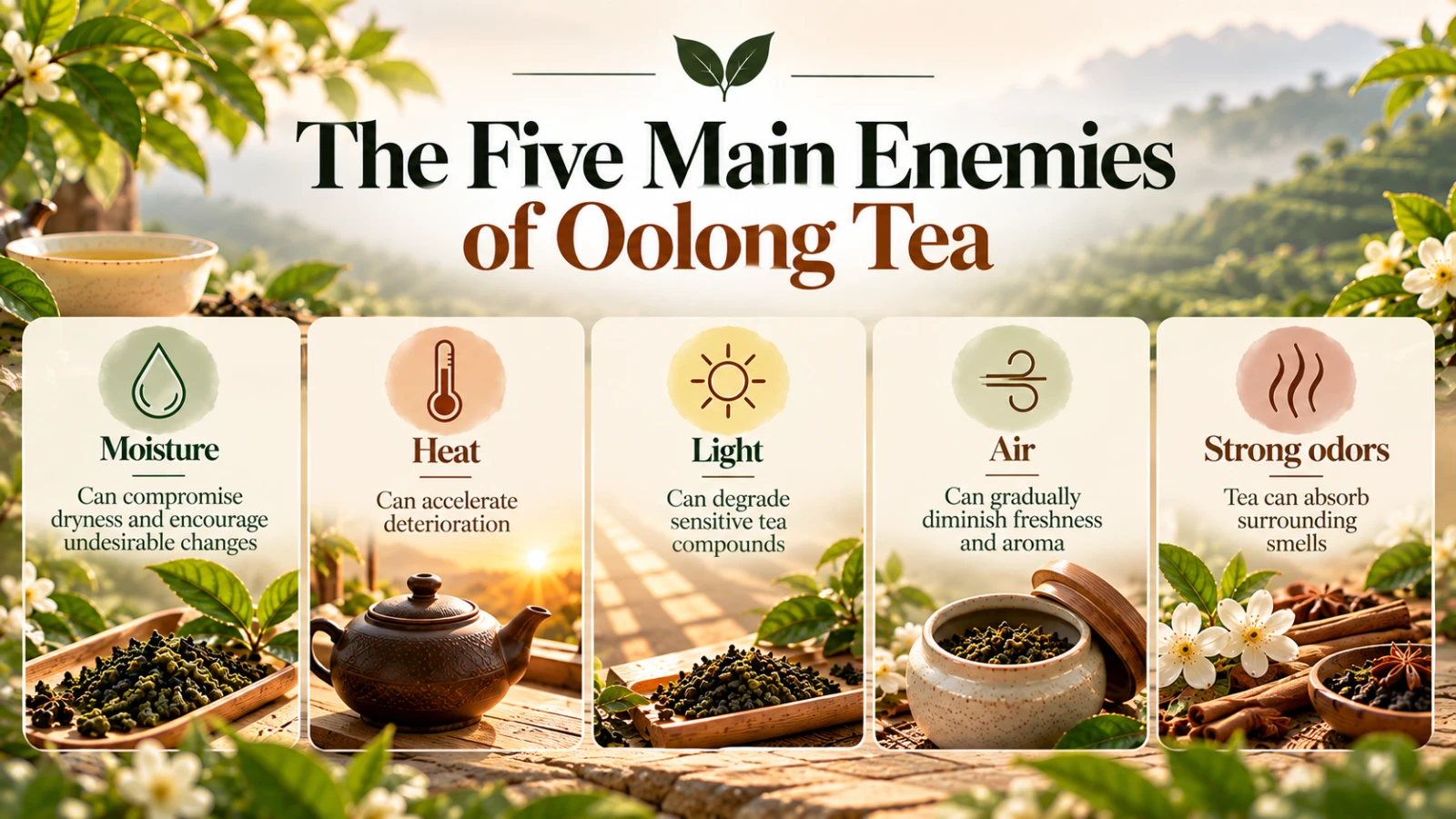 five-enemeies-of-oolong-tea.png all storage factors listed that can affect the quality of oolong tea