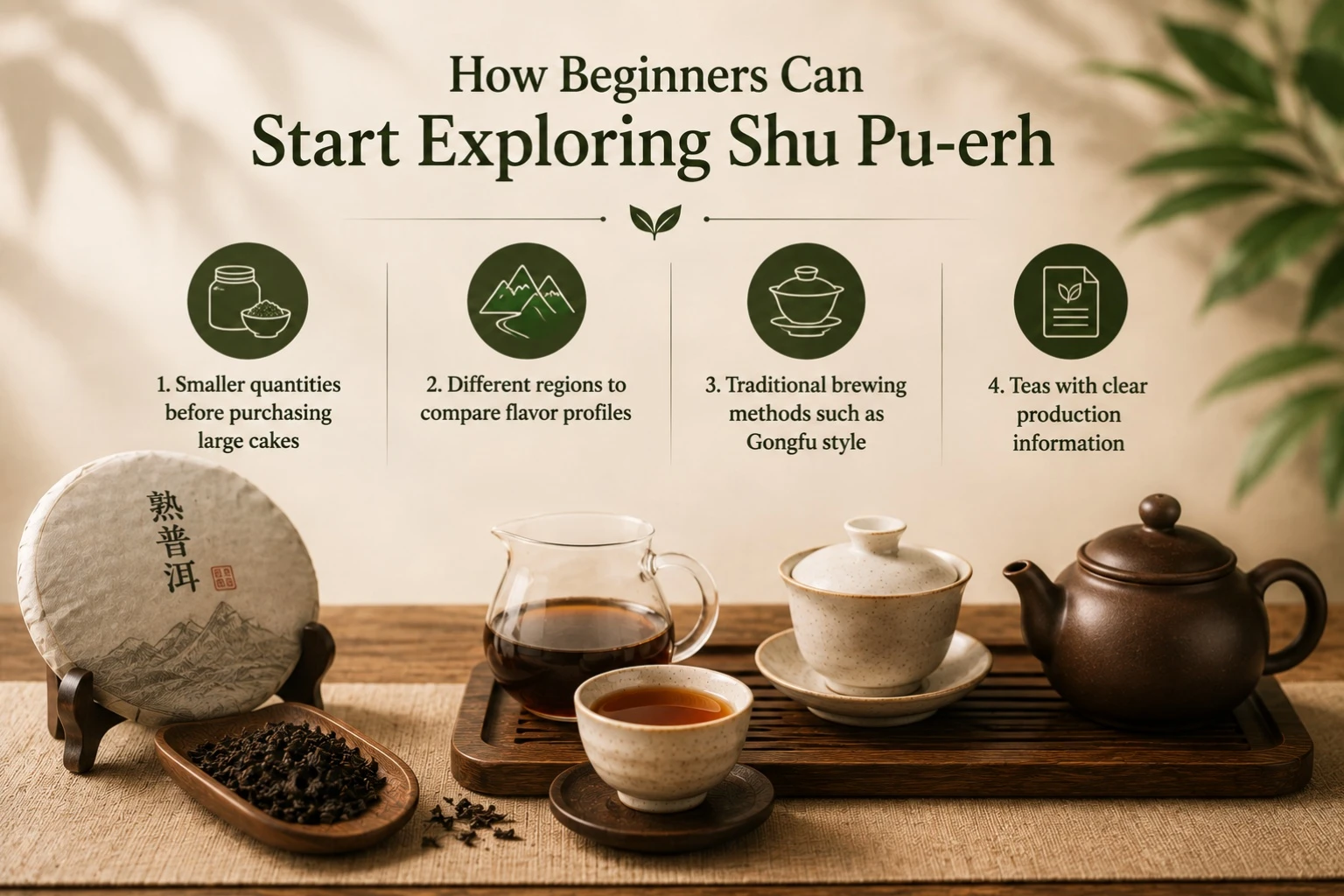 A warm natural tea scene featuring Shu Pu-erh leaves, representing the key factors used to evaluate authentic ripe Pu-erh tea.