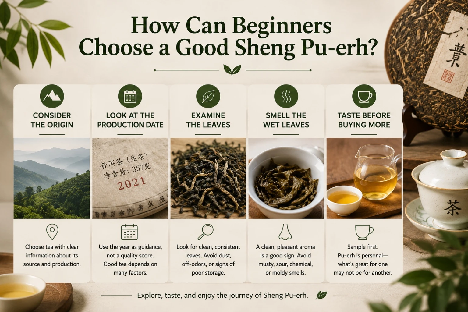 How Can Beginners Choose a Good Sheng Pu-erh.jpg Beginners guide to choosing a good sheng pu-erh based on age, mountain names, tree claims, or production dates.
