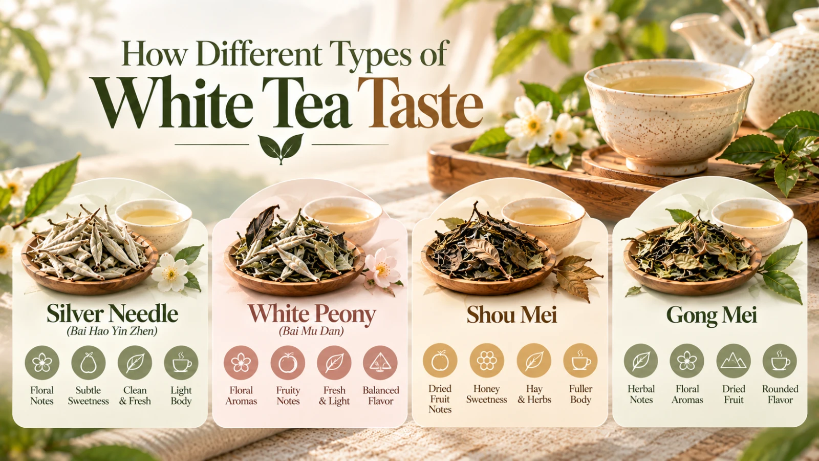Chinese white tea varieties, including Silver Needle buds with fine silvery hairs, White Peony (Bai Mu Dan) with young leaves and buds, Shou Mei mature leaves, a pale golden white tea infusion in a glass cup, and traditional white tea brewing in a porcelain gaiwan.