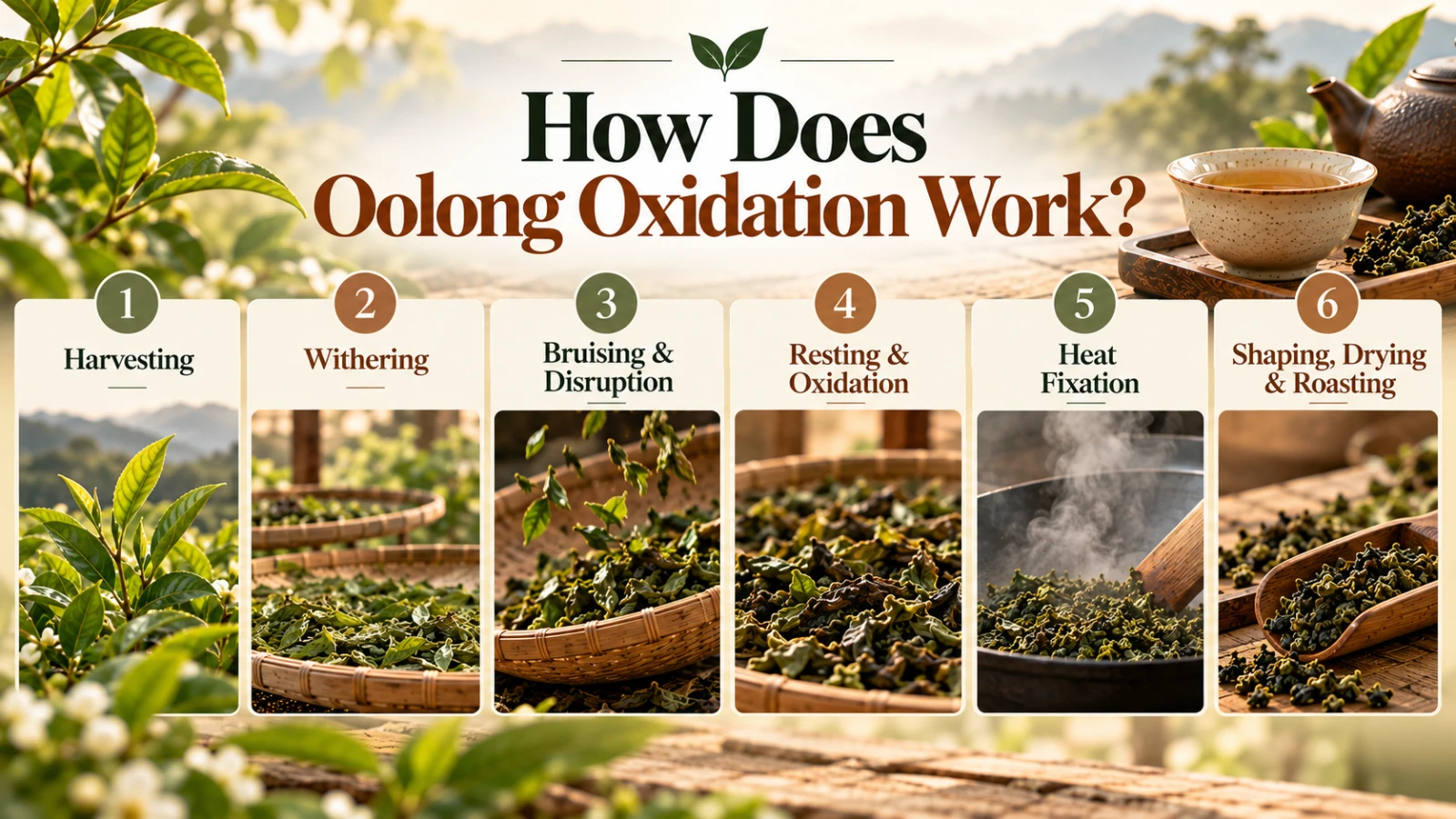 how-does-oolong-oxidation-work.png Tea leaves with green centers and reddish-brown edges illustrating localized oxidation during oolong processing.