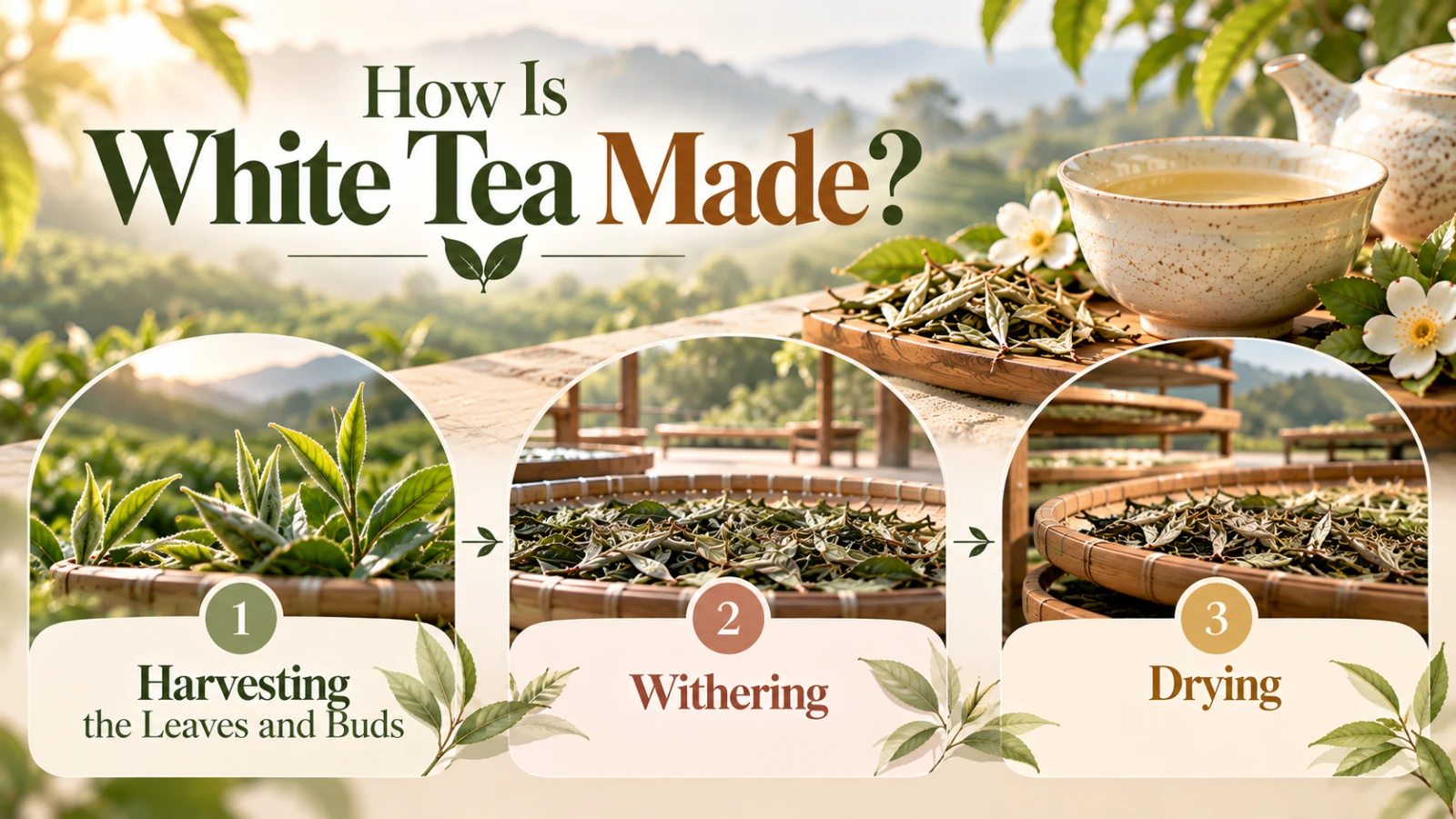 how-is-white-tea-made.png Fresh tea leaves spread on trays during the white tea withering process.