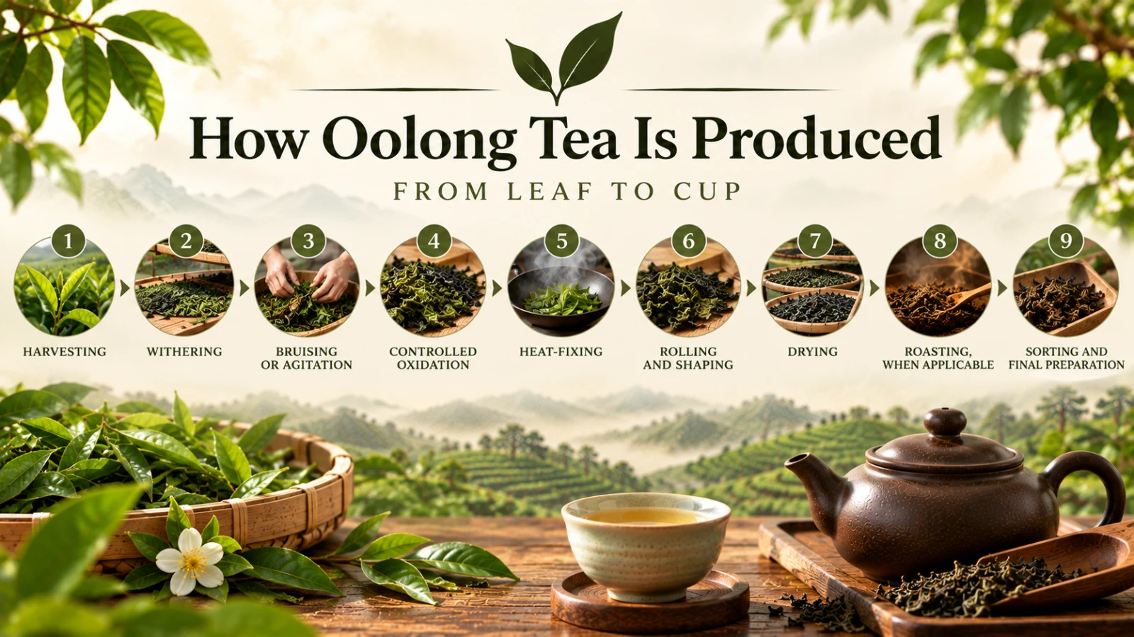 Oolong tea leaves and traditional Chinese tea-making tools.