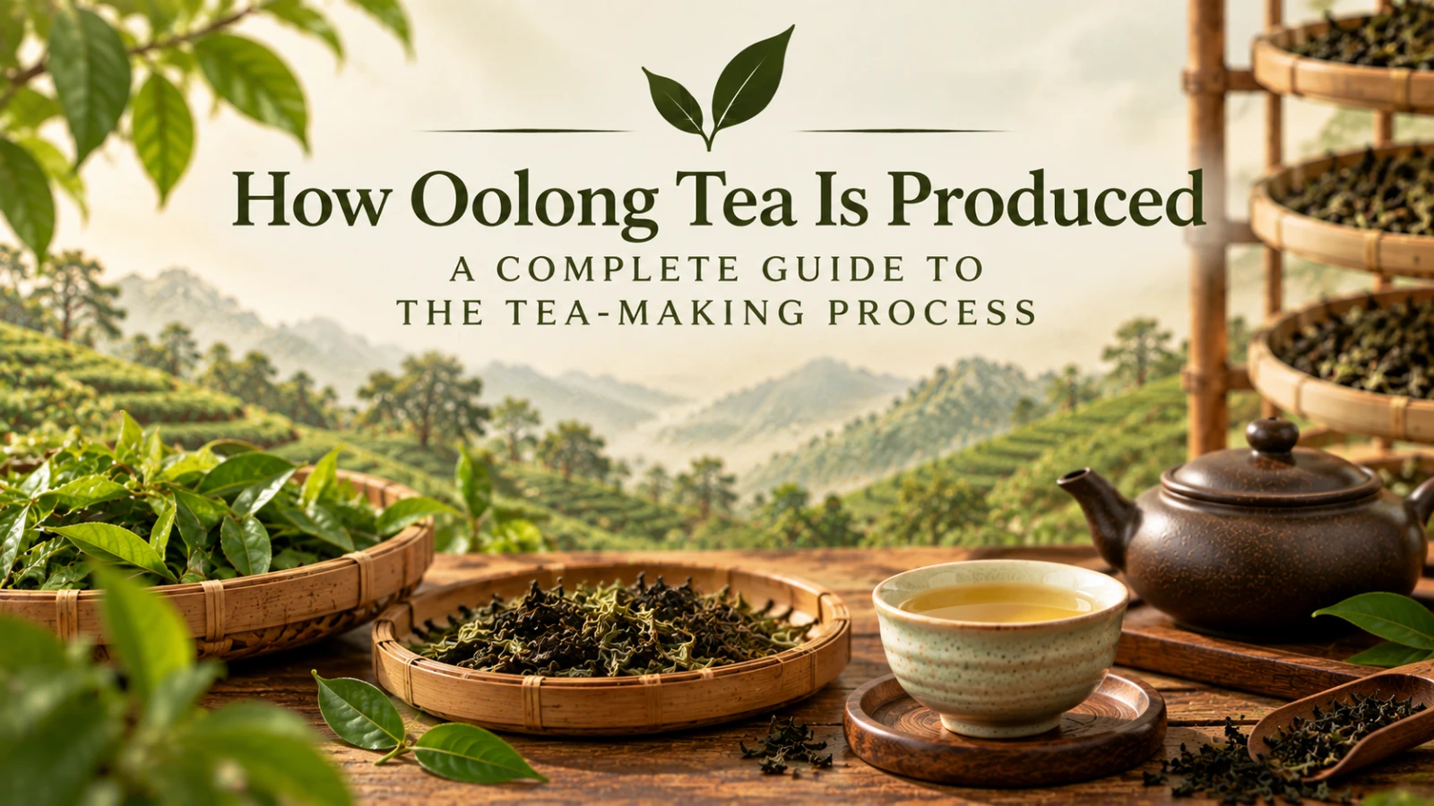 Fresh tea leaves harvested for traditional oolong tea production.