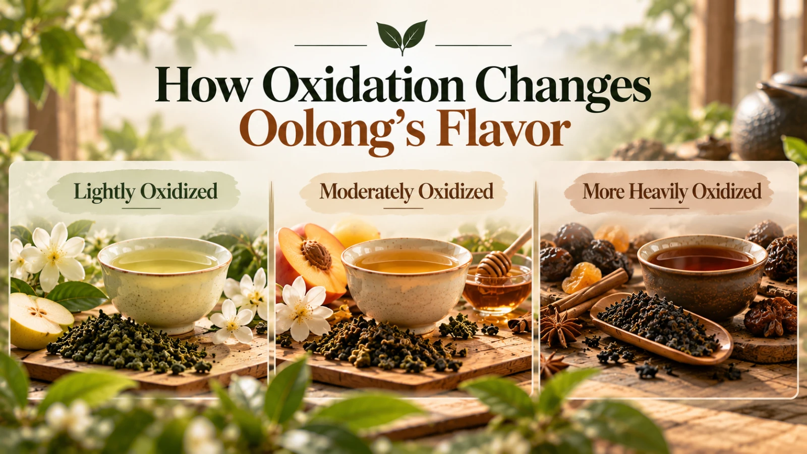 how-oxidation-changes-oolongs-flavor.png Chinese oolong tea infusions in porcelain cups showing variations in golden and amber liquor color.