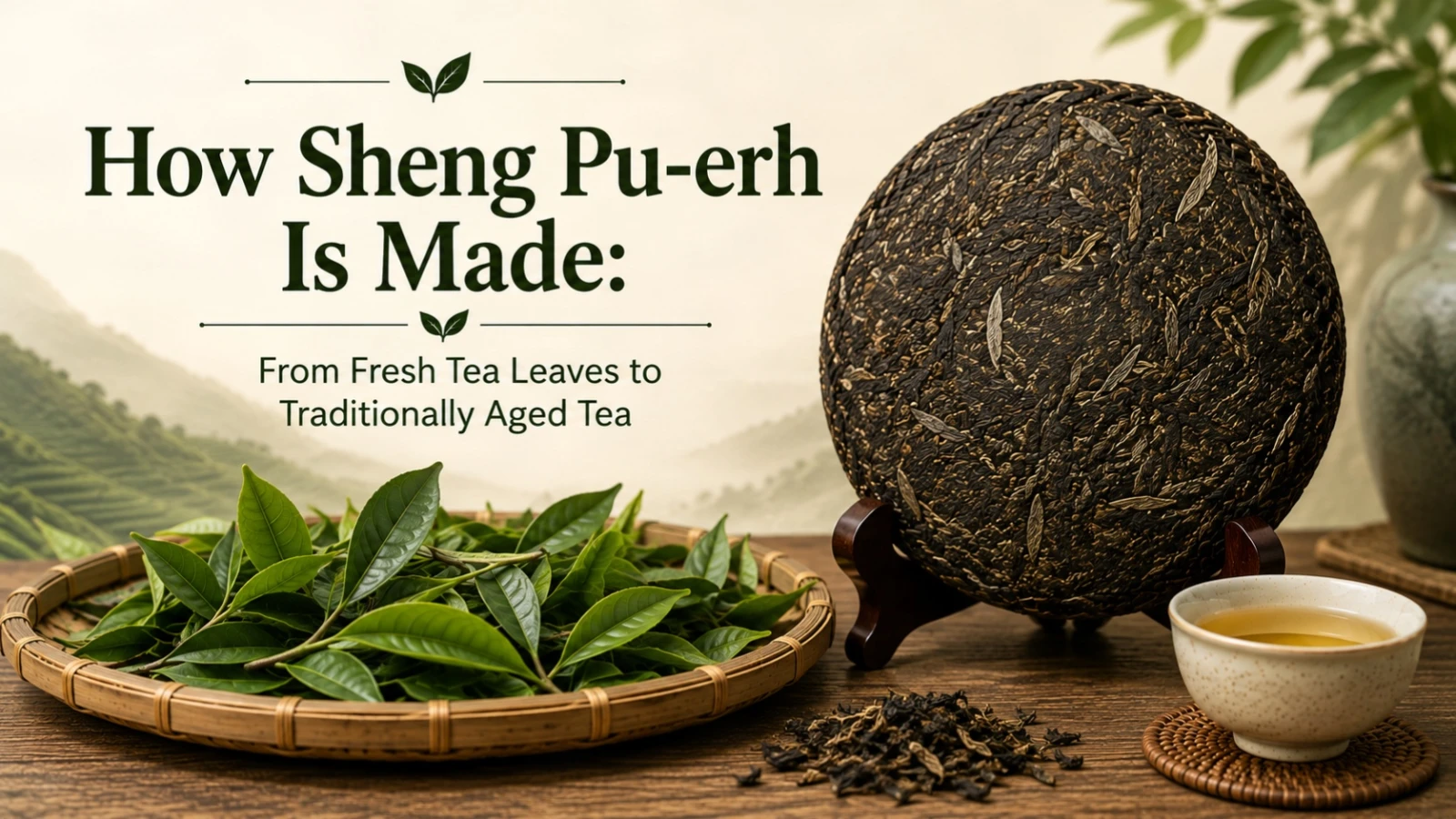 Fresh tea leaves and traditional Sheng Pu-erh tea cake