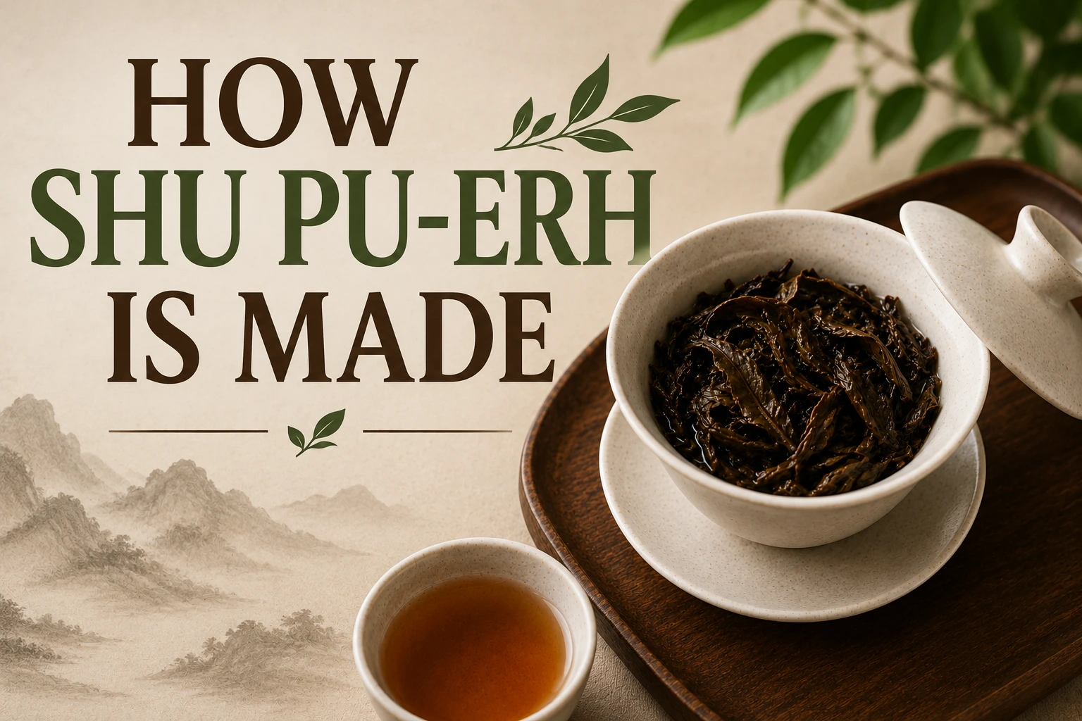 Traditional Shu Pu-erh tea cake with brewed tea showing how shu Pu-erh is made