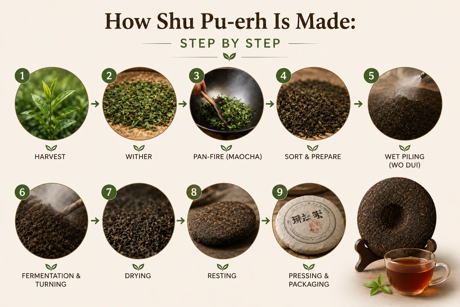 How Shu Pu-erh Tea Is Made Step-by-Step Production Process.png Infographic showing the step-by-step production process of Shu Pu-erh tea, including harvesting, withering, pan-firing (Maocha), sorting, wet piling (Wo Dui), fermentation and turning, drying, resting, and pressing the tea into traditional Pu-erh tea cakes.