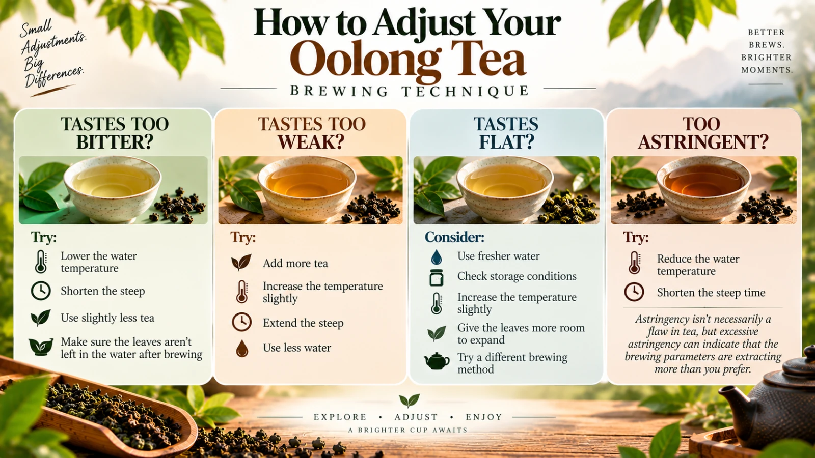 Multiple infusions of loose-leaf oolong tea and adjusting technique to get different flavor profiles