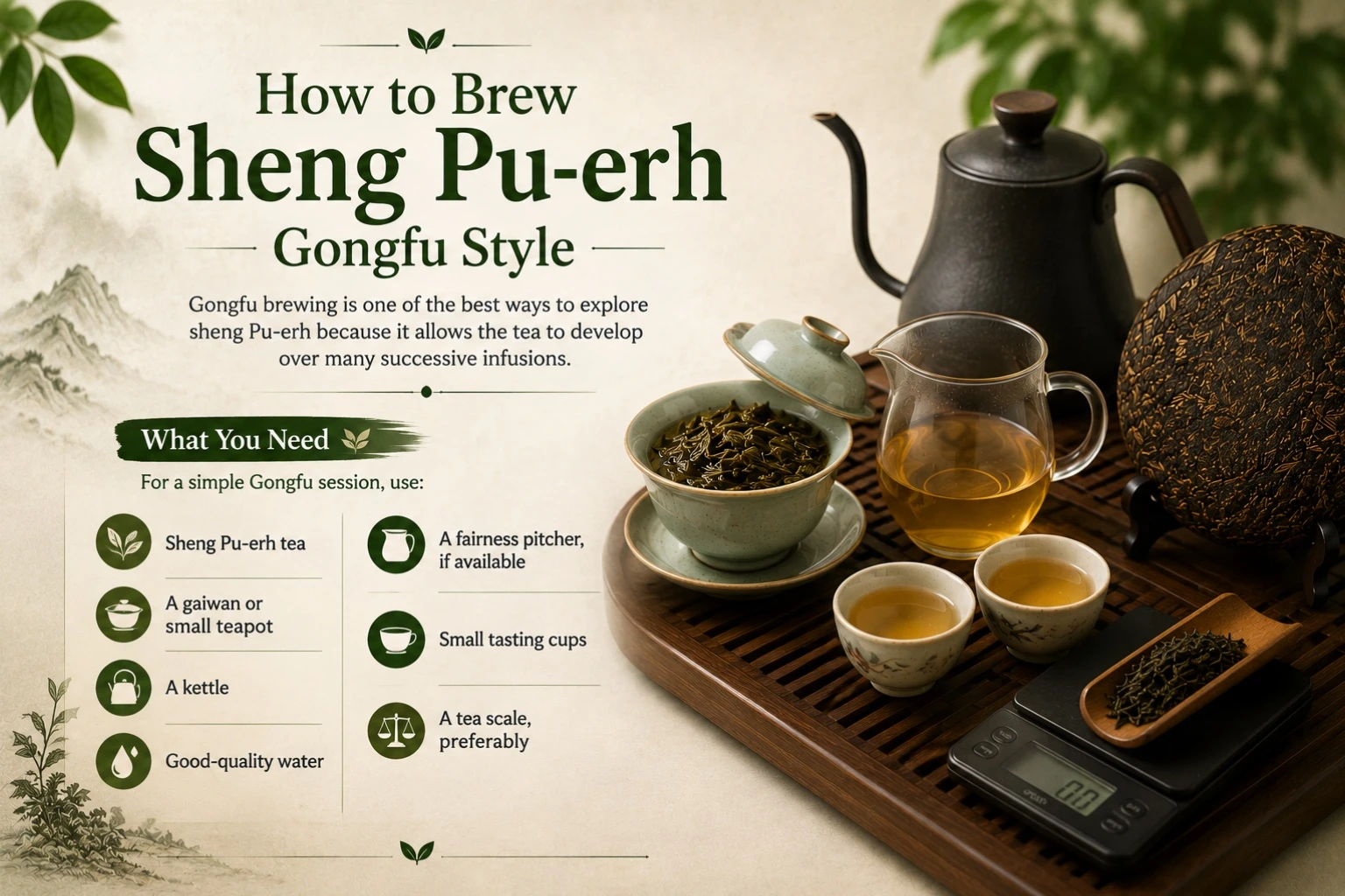 Gongfu brewing of Sheng Pu-erh tea in a porcelain gaiwan