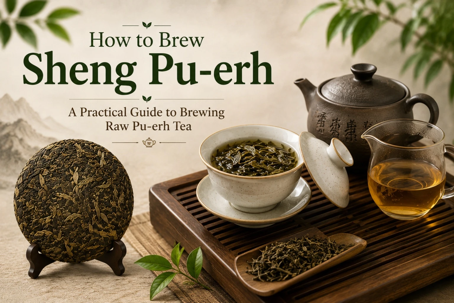 Gaiwan, kettle, cups and Sheng Pu-erh tea prepared for Gongfu brewing