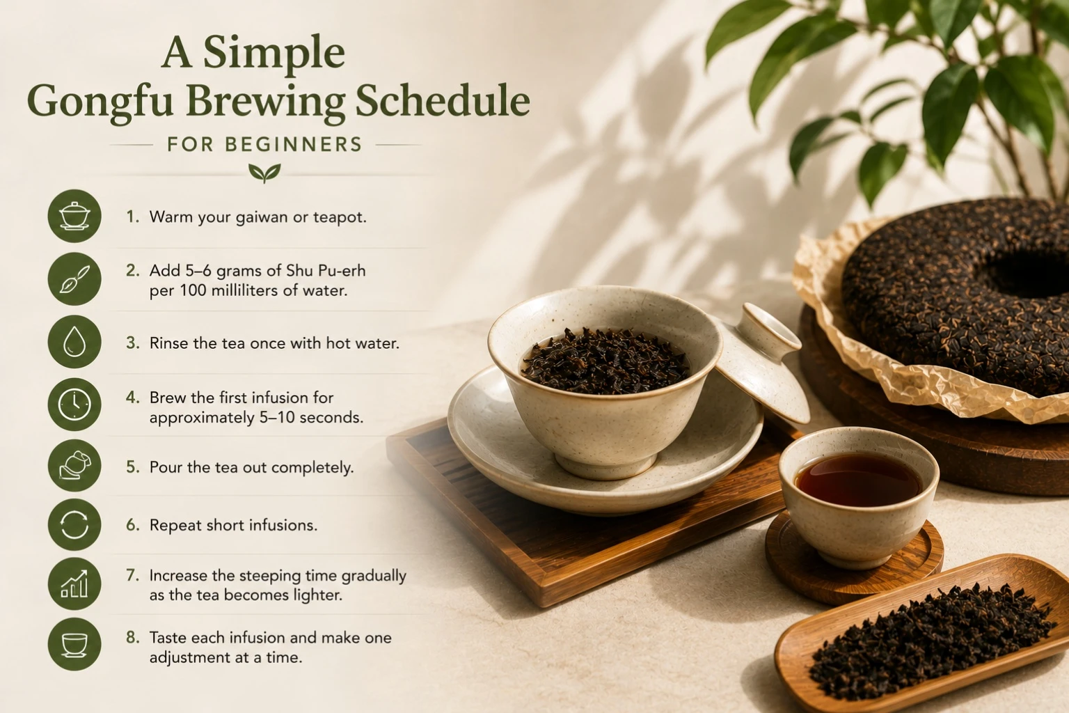 How to Brew Shu Pu-erh Using Gongfu Style.jpg Chinese tea ceremony featuring Shu Pu-erh leaves, gaiwan, tea cups, and Gongfu brewing tools