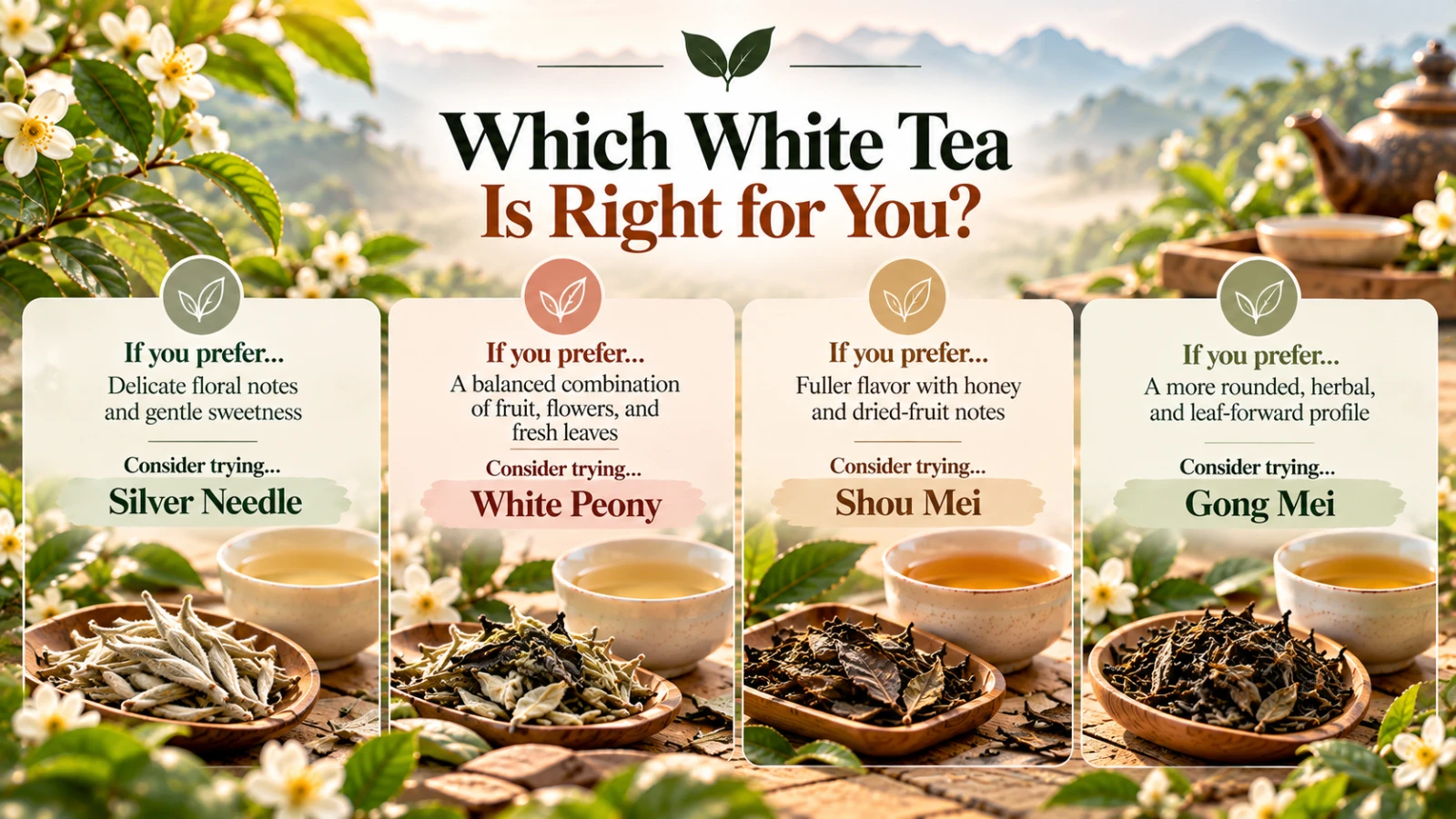 White tea arranged with pear, dried apricots, and honey to illustrate common fruit and honey flavor comparisons.
