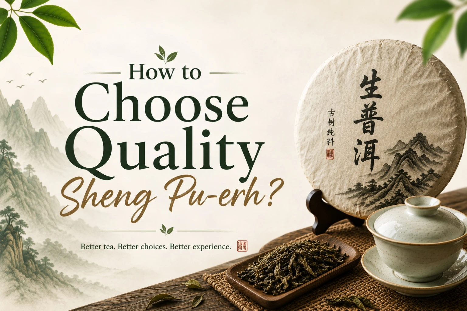 Quality Sheng Pu-erh tea cake and loose leaves prepared for evaluation