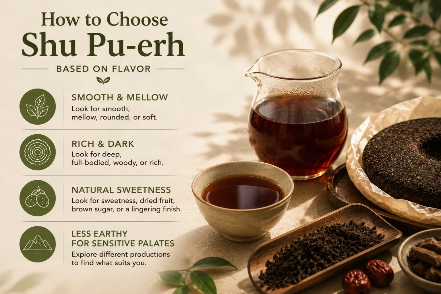 How to Choose Shu Pu-erh Based on Flavor Preferences.jpg Infographic showing how to choose Shu Pu-erh tea based on flavor preferences, featuring smooth and mellow, rich and dark, naturally sweet, and less earthy profiles alongside a traditional tea setup with a Pu-erh tea cake, amber tea, and loose leaves.