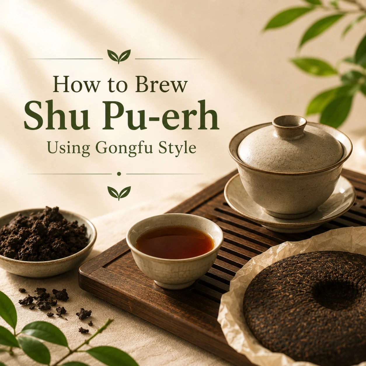 Traditional Gongfu brewing setup with gaiwan and Shu Pu-erh tea