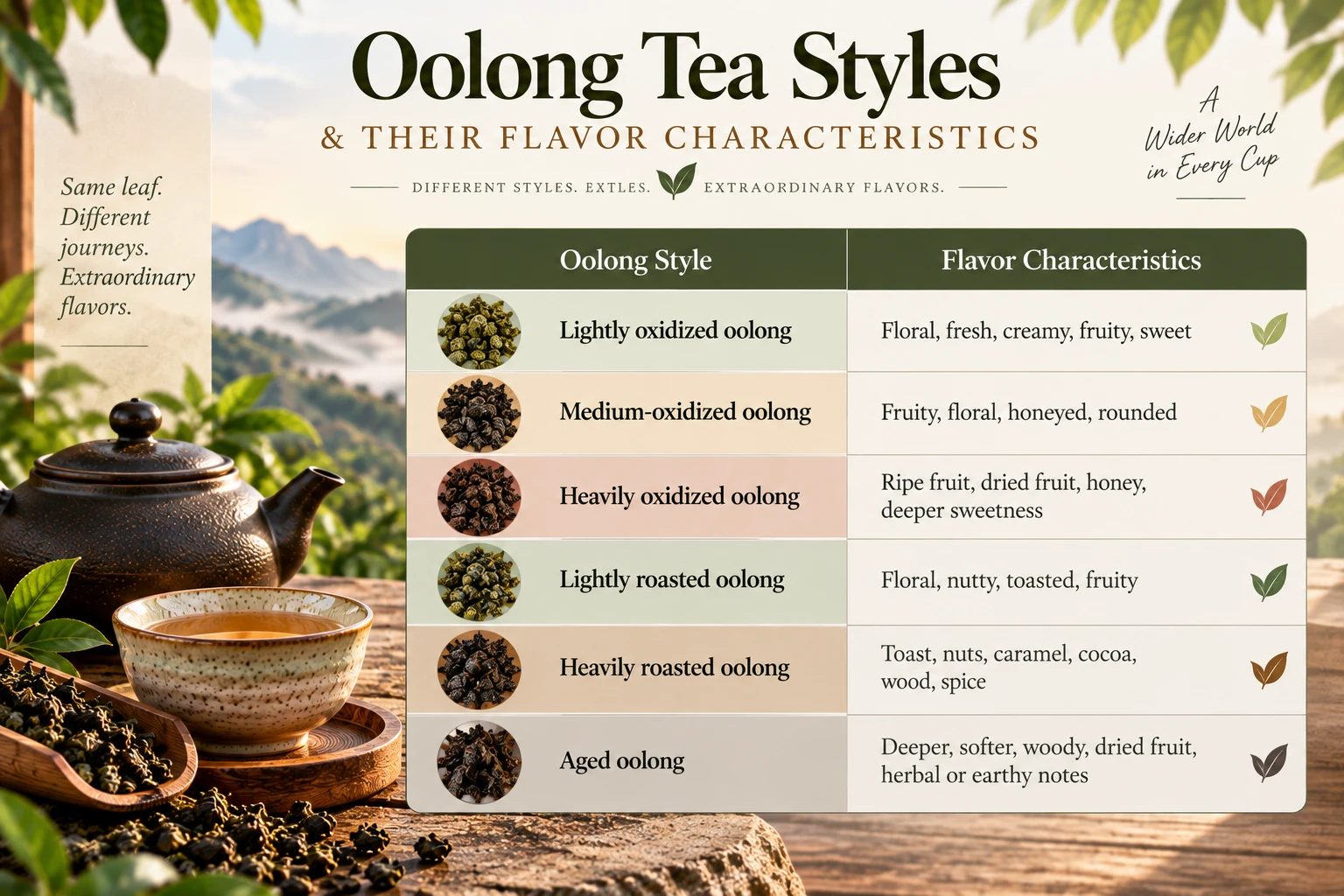Oolong tea can range from floral and fruity to roasted, nutty, and mineral depending on how it is produced and brewed.